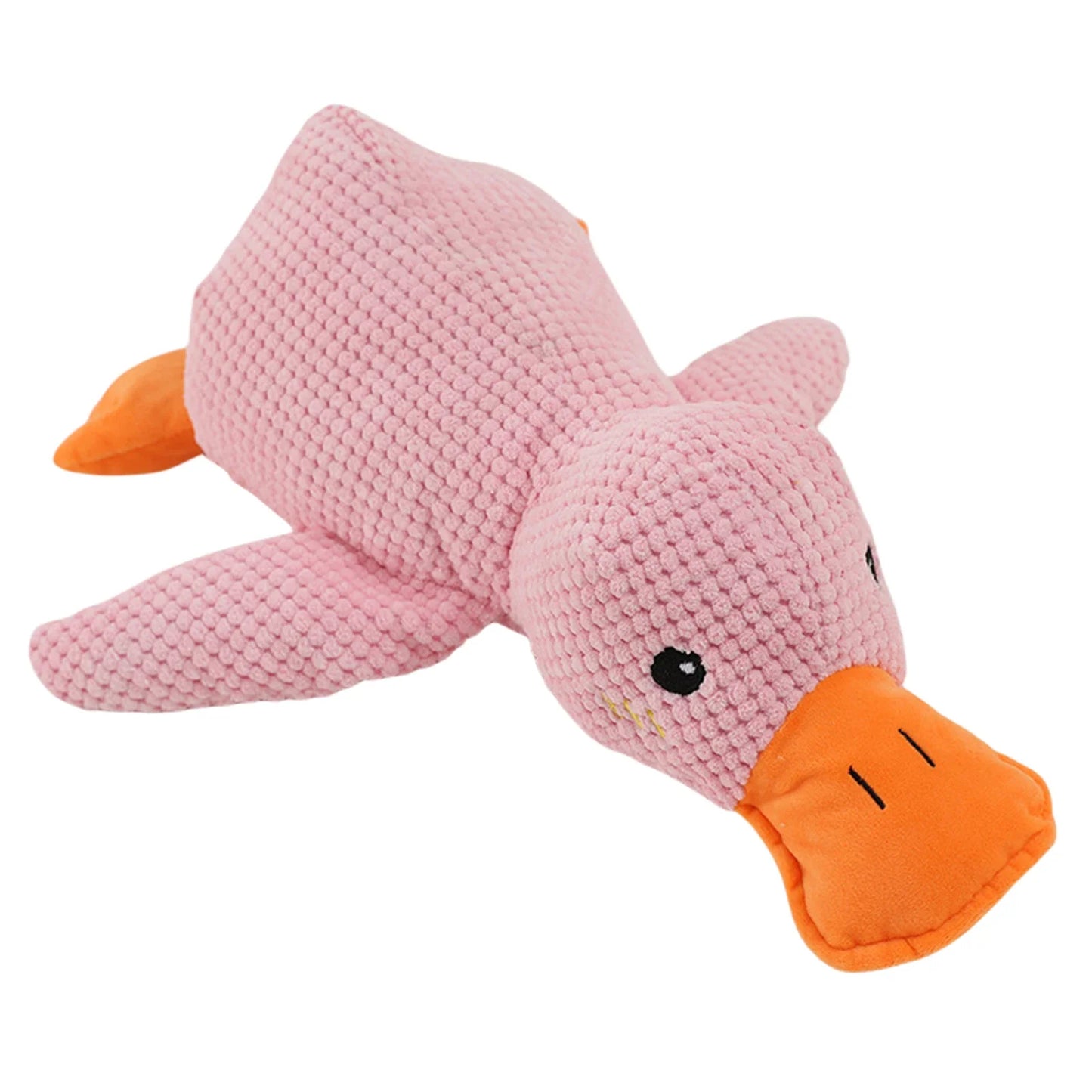 Pink plush squeaky duck pet toy with soft textured surface designed for interactive play.