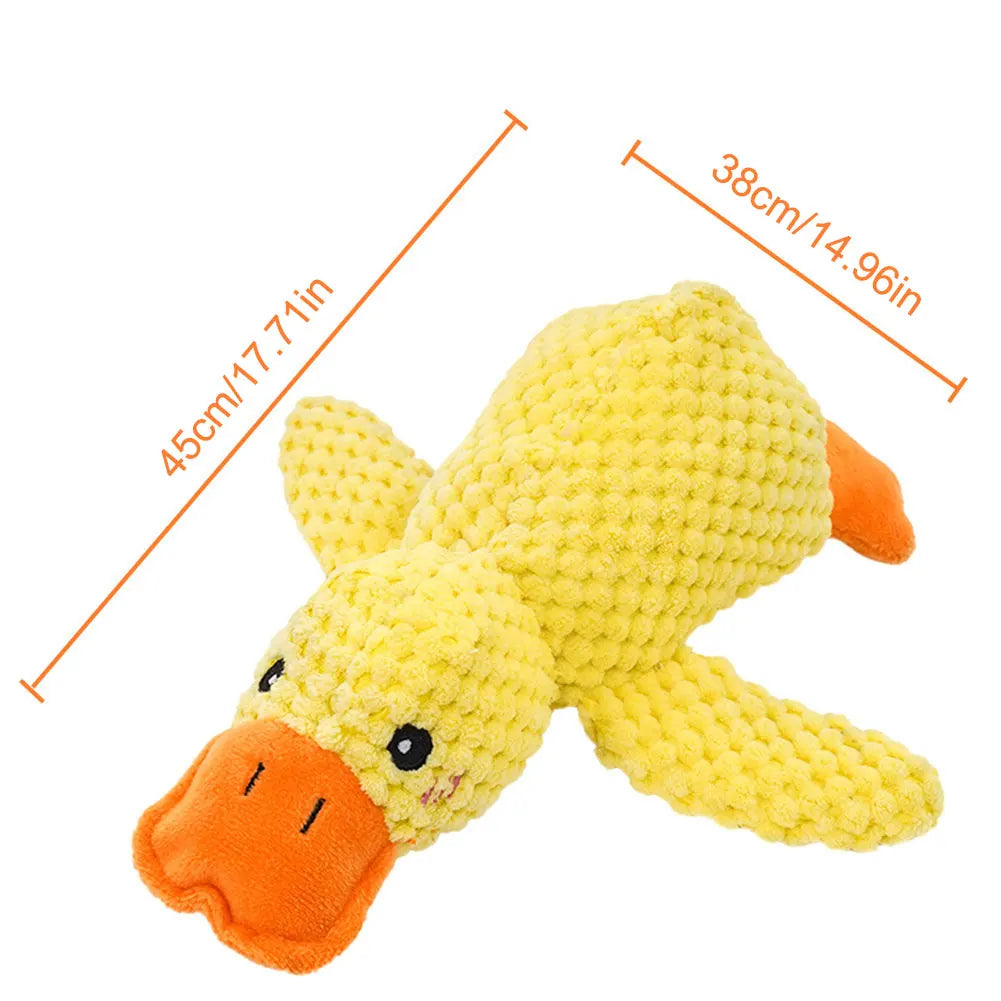 Plush squeaky duck pet toy showing size measurements in centimeters and inches for reference.