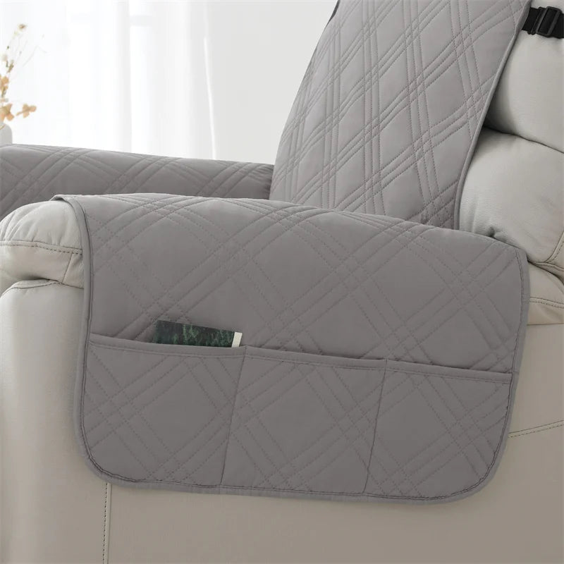 Quilted waterproof recliner slipcover with side utility pocket for remote control and magazines