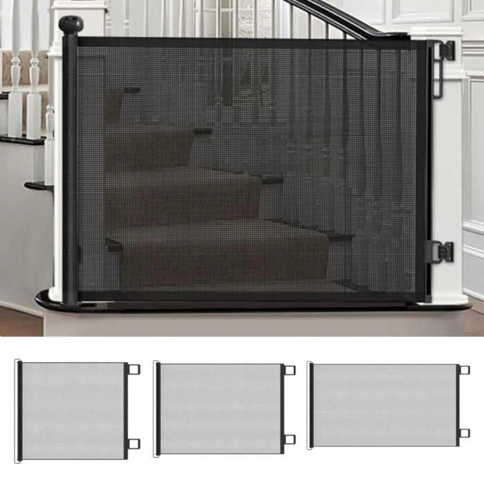 Retractable dog gate for stairs to create a safe pet barrier