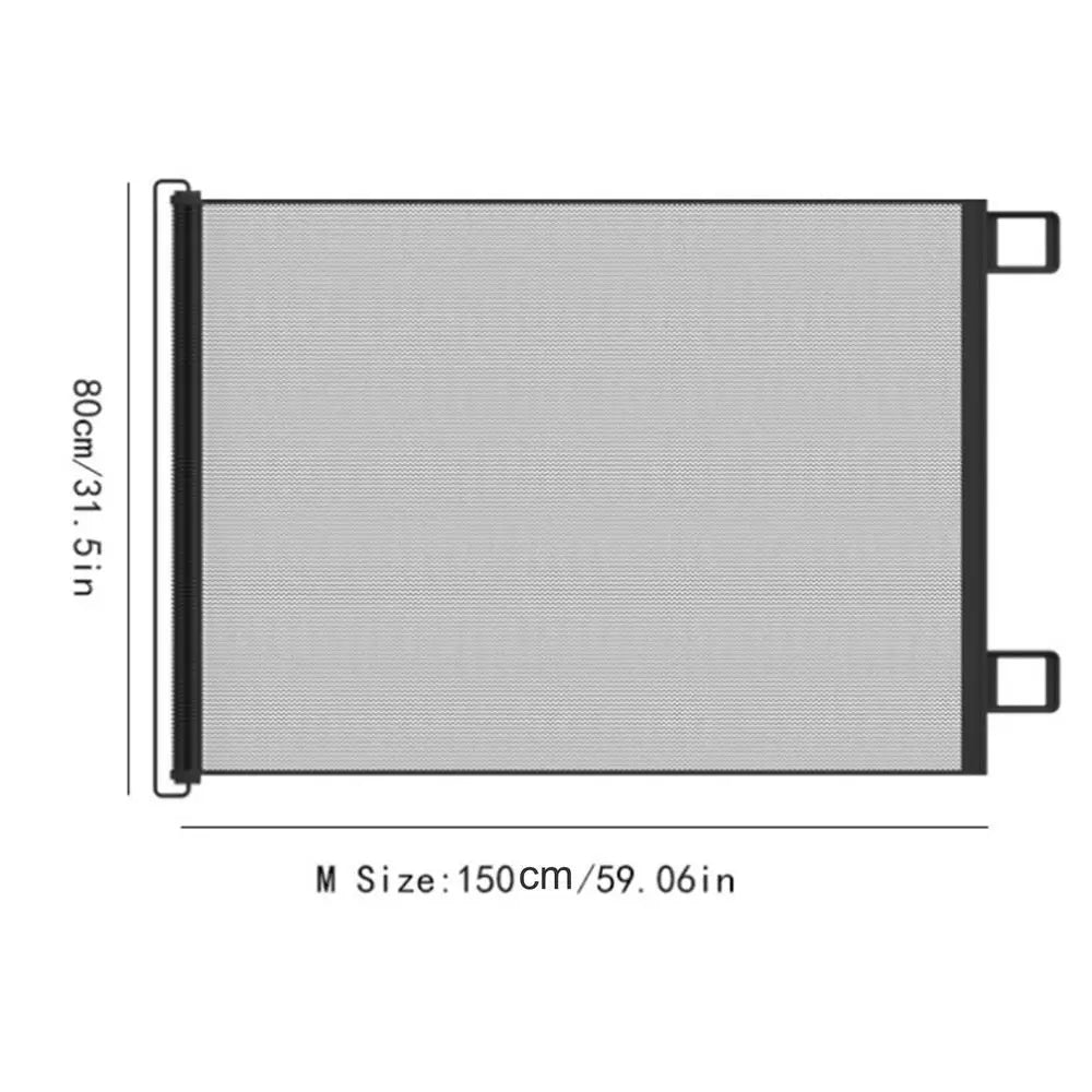 Retractable dog gate size M showing dimensions of 150 cm width and 80 cm height