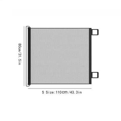 Retractable dog gate size S showing dimensions of 110 cm width and 80 cm height