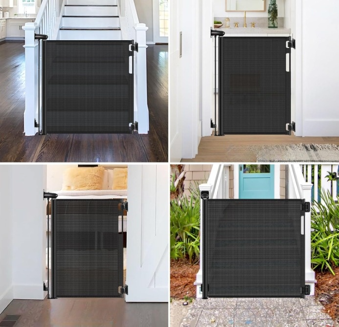 Retractable dog gate installed in doorways, hallways, and outdoor entryways in different home settings