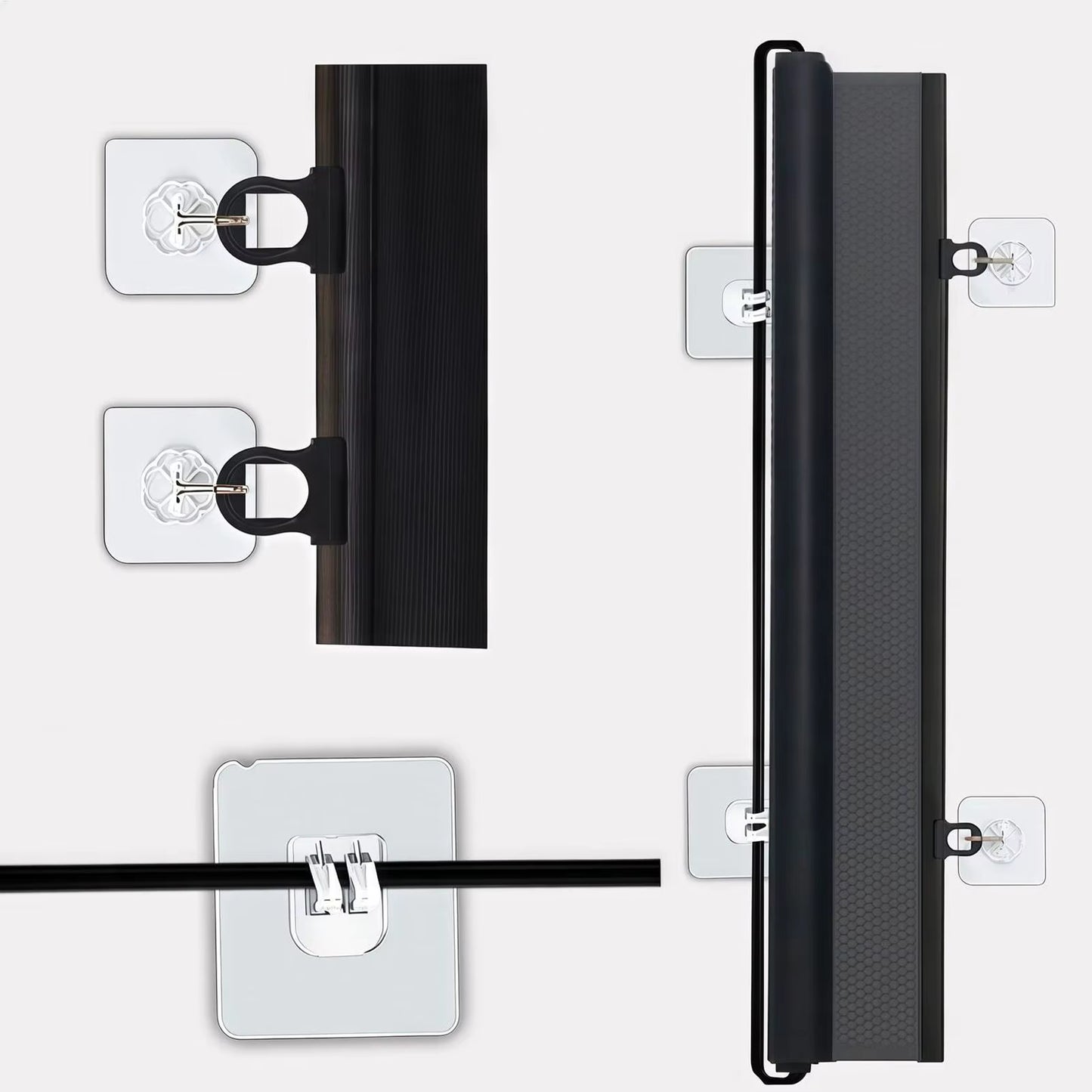 Close-up of retractable dog gate frame and adhesive wall mounts for tool-free installation