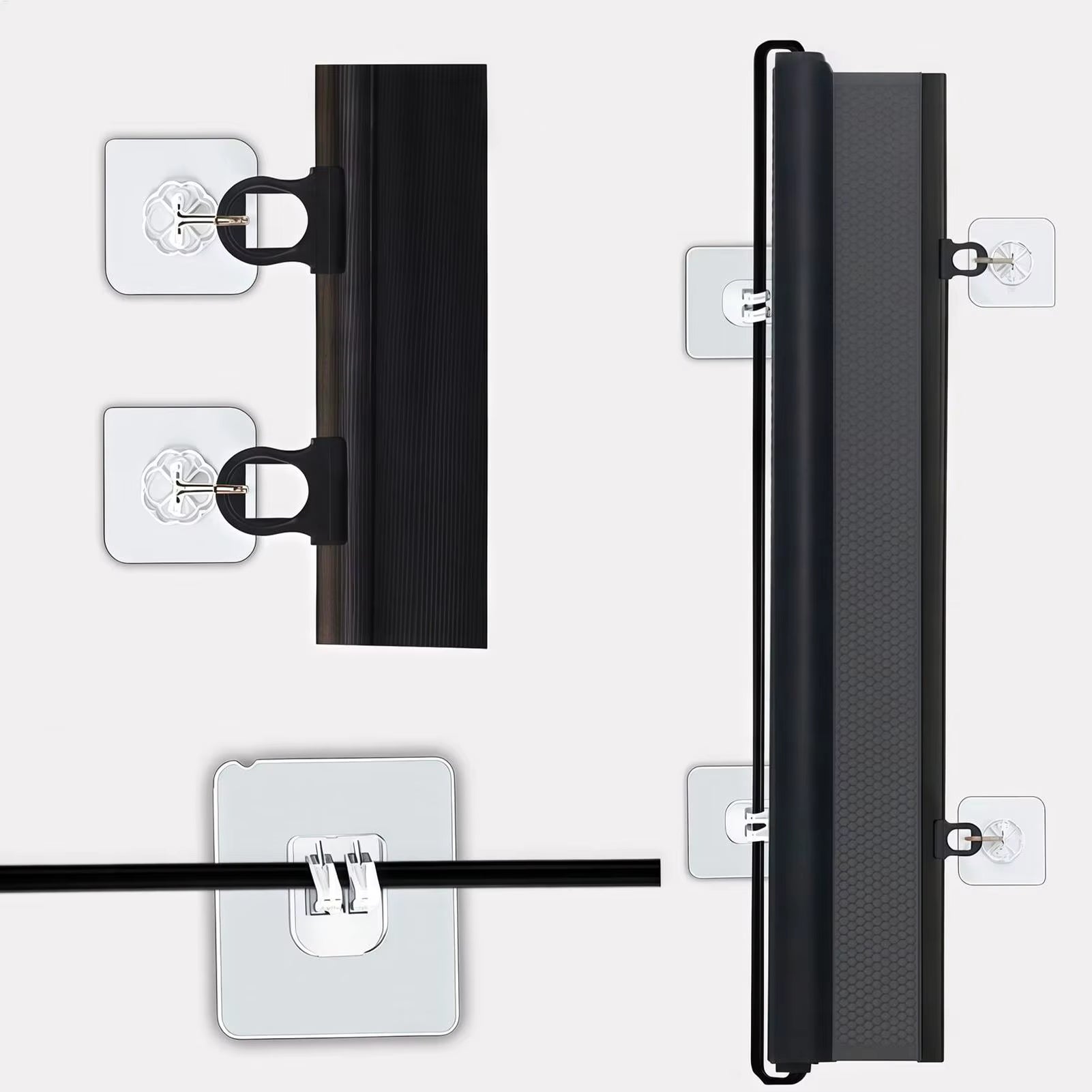 Close-up of retractable dog gate frame and adhesive wall mounts for tool-free installation