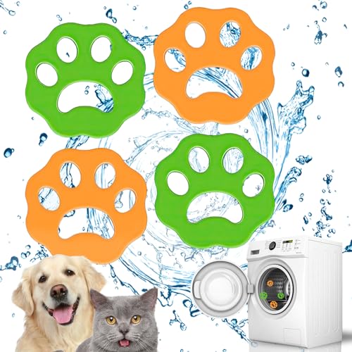 Hands squeezing green and orange paw-shaped reusable pet hair remover showing soft flexible material
