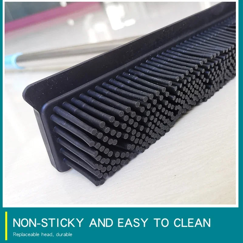 Close-up of rubber bristles on pet hair removal mop designed to lift dog and cat hair from carpets and rugs