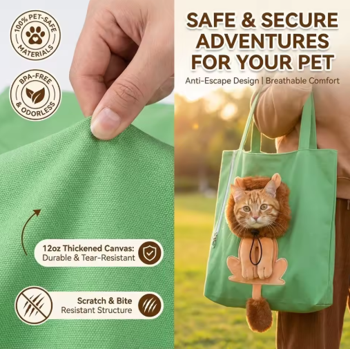 Green pet carrier bag made of thickened canvas fabric, tear-resistant material, breathable design, and anti-escape structure