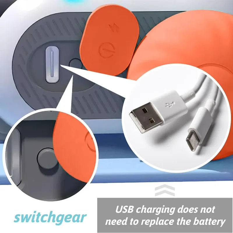 Smart interactive cat toy car showing USB Type-C charging port, power switch button, and rechargeable battery design