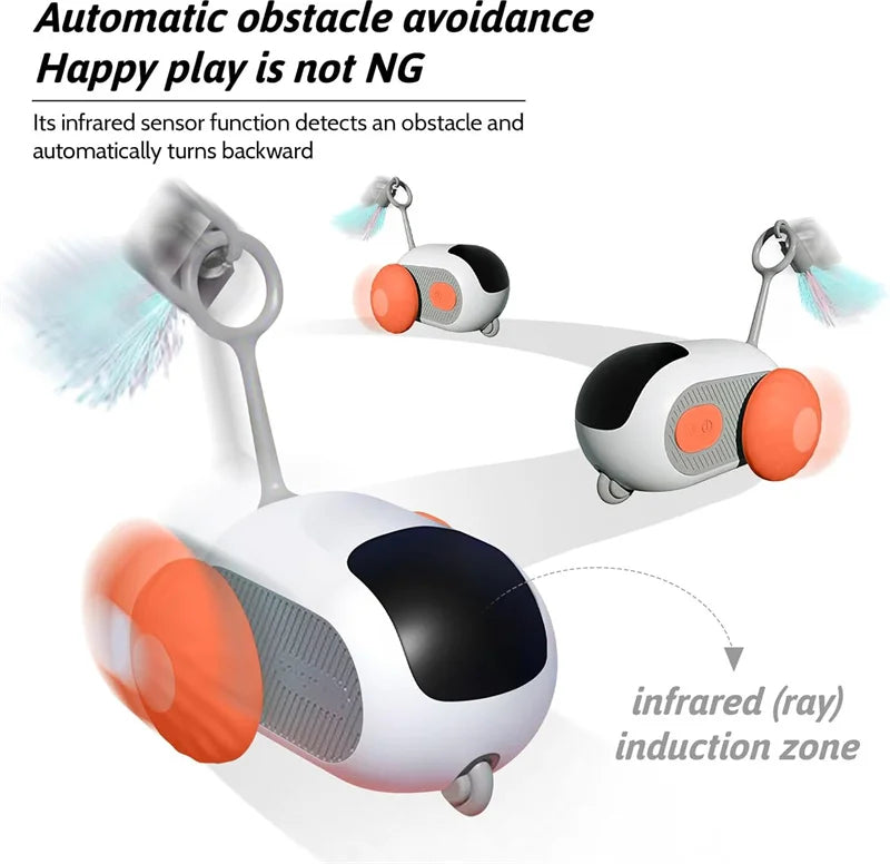 Smart interactive cat toy car demonstrating automatic obstacle avoidance using infrared sensor and direction change during play