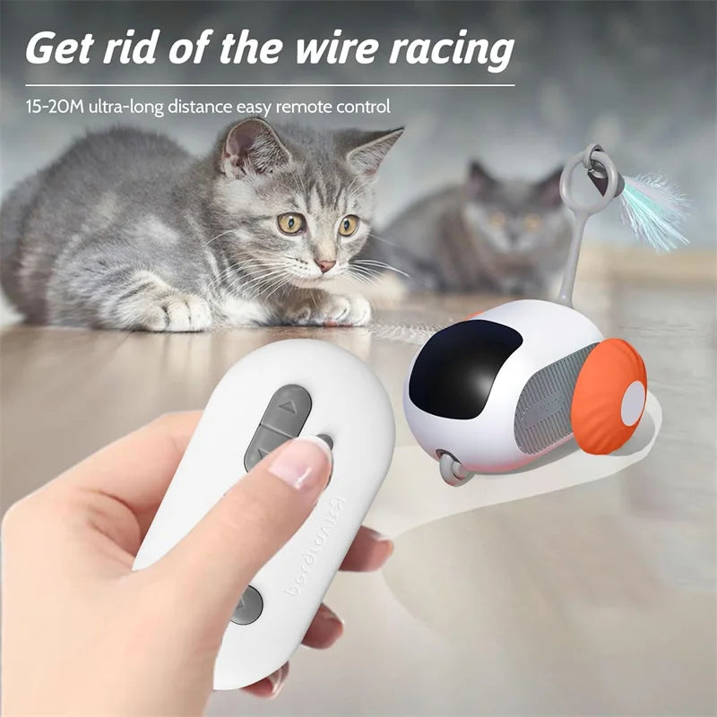 Smart interactive cat toy car controlled by wireless remote with 15–20 meter range, cat watching and preparing to chase