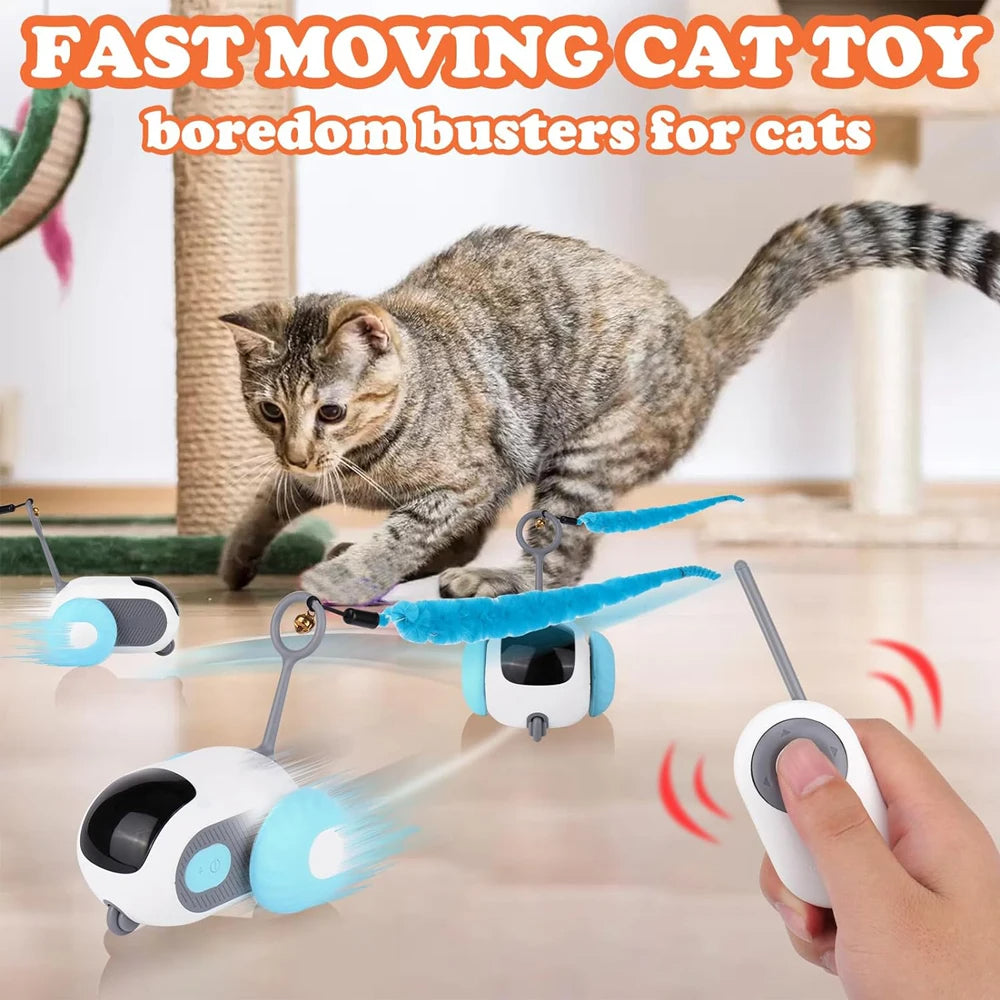 Smart cat toy car set including wireless remote control and replaceable teaser attachment