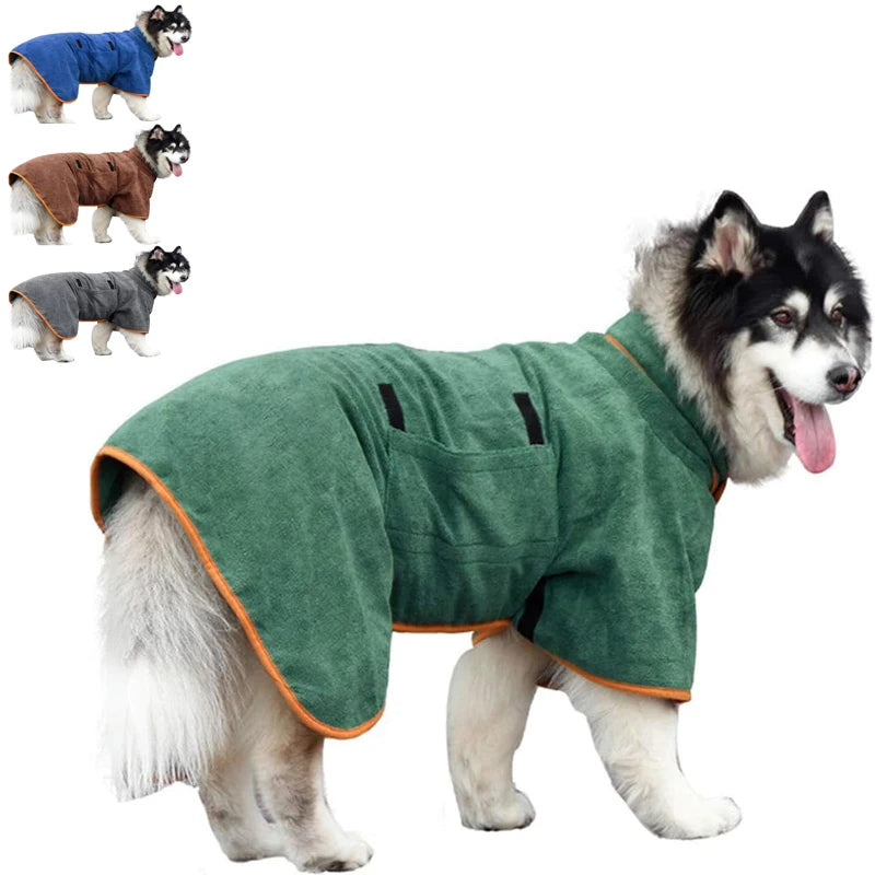 Large dog wearing a super absorbent microfiber bathrobe after a bath, designed for fast drying and comfortable fit