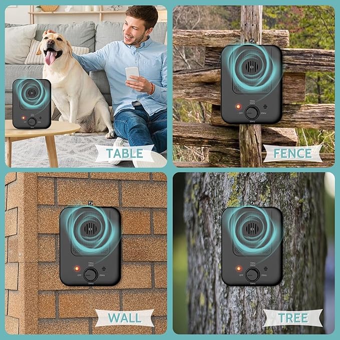 Ultrasonic anti-barking device for dogs showing multiple placement options on table, fence, wall, and tree