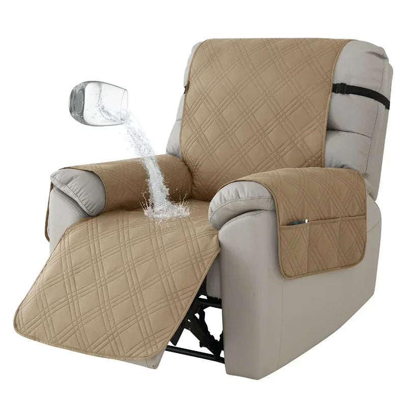 Beige waterproof recliner slipcover with quilted texture covering back, seat, and armrests