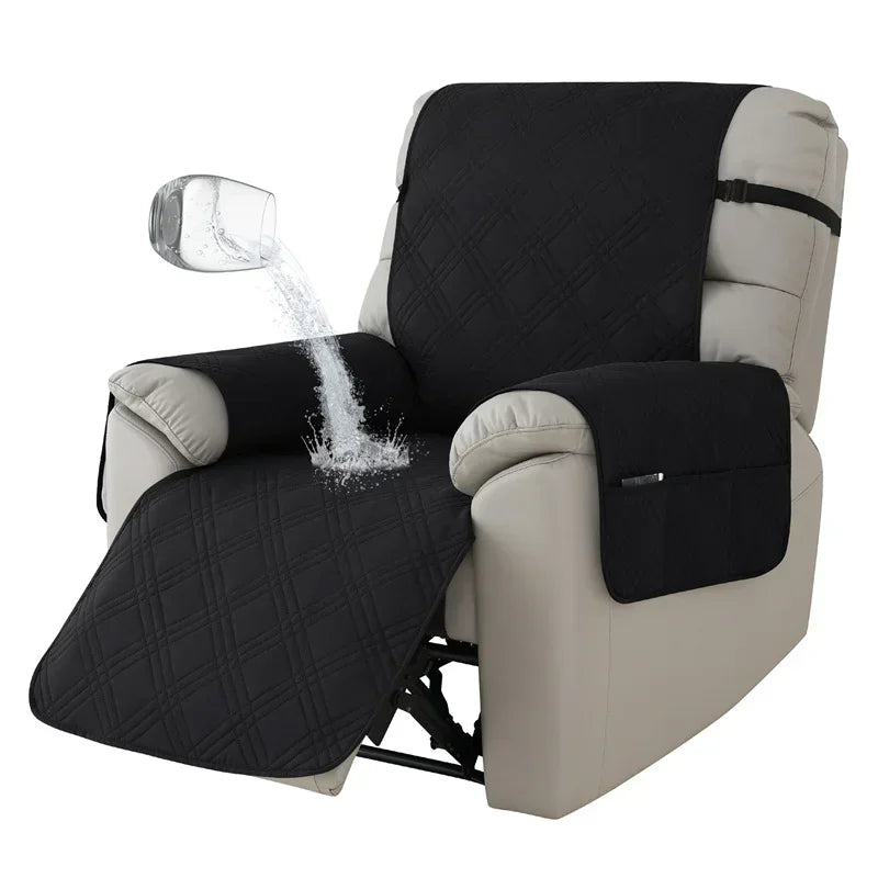 Black waterproof recliner slipcover with durable quilted fabric and anti-slip straps