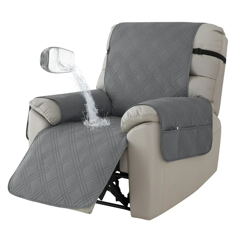 Grey quilted waterproof recliner slipcover designed for daily use with pets and kids