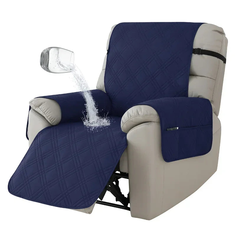 Navy blue waterproof recliner slipcover with full coverage and easy-care quilted fabric