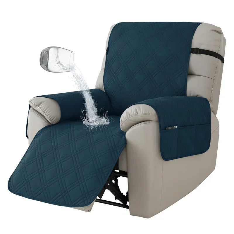 Waterproof quilted recliner slipcover in peacock blue color with full coverage and secure fit
