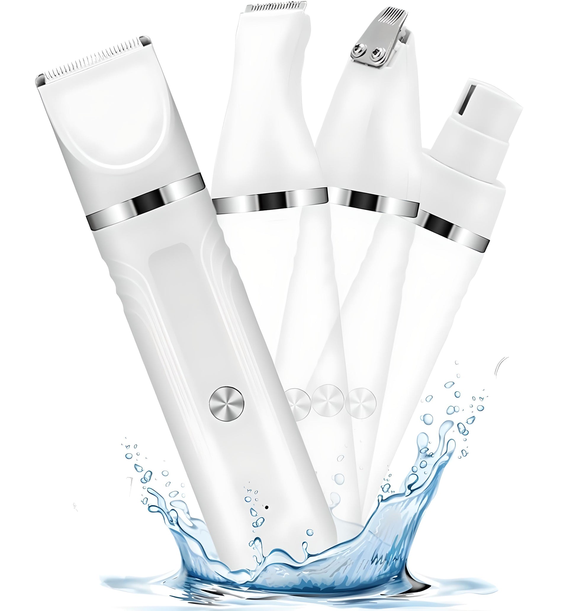 Waterproof cordless electric dog clippers with four interchangeable grooming heads and splash-proof design