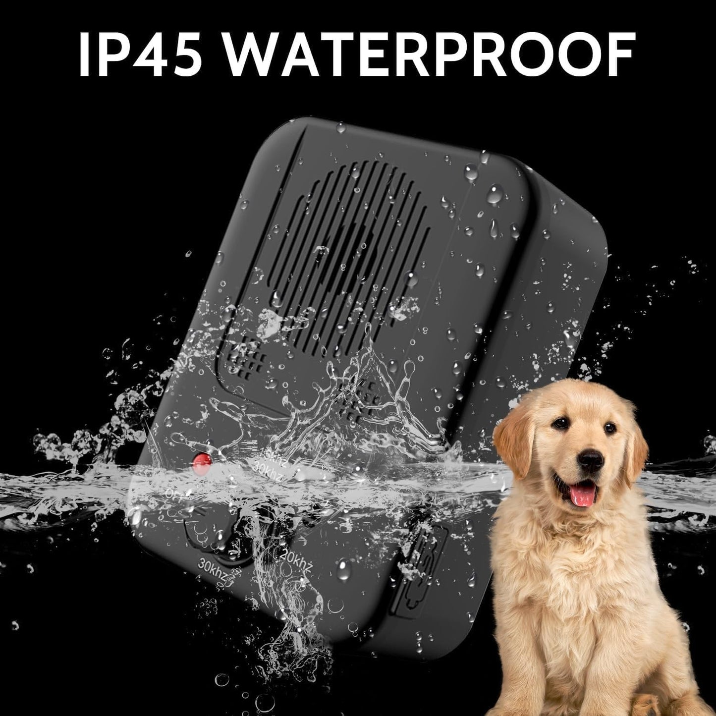 Waterproof ultrasonic anti-barking device for dogs designed for outdoor use, resistant to rain and splashes