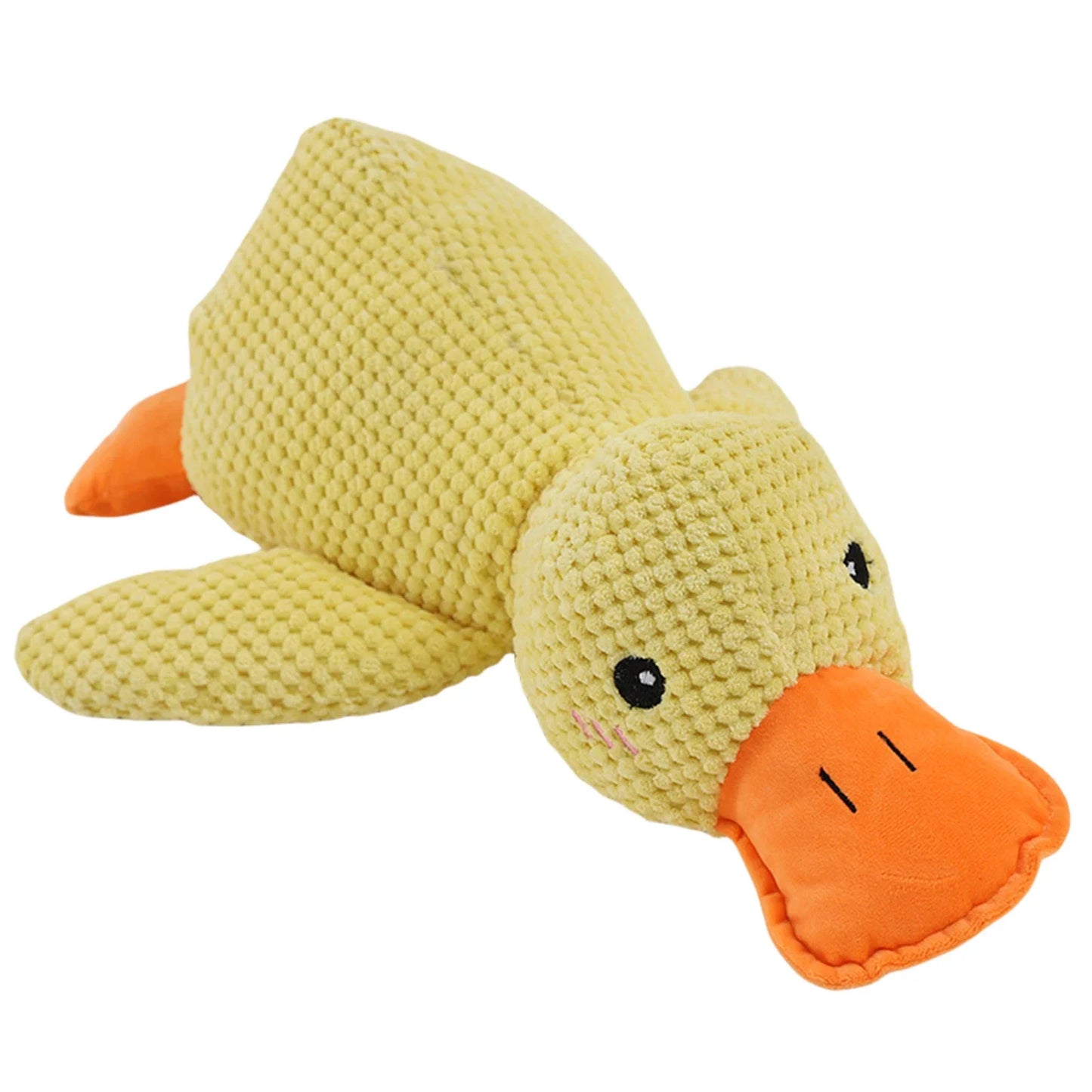 Yellow plush squeaky duck toy featuring soft fabric and durable stitching for everyday pet play.