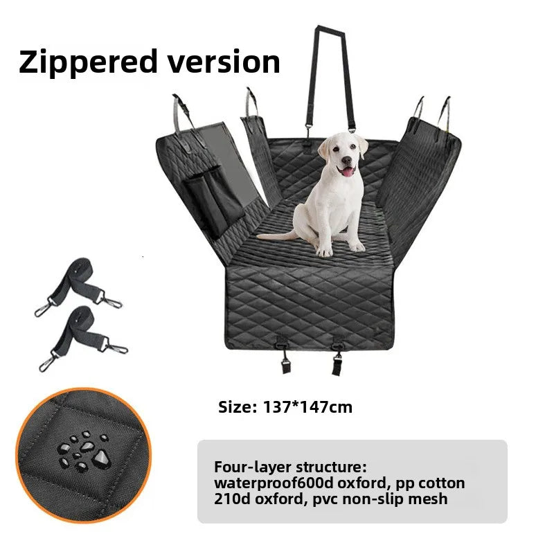 Zippered waterproof dog seat cover with four-layer construction including 600D Oxford fabric, padding, and non-slip PVC backing, sized 137 × 147 cm.