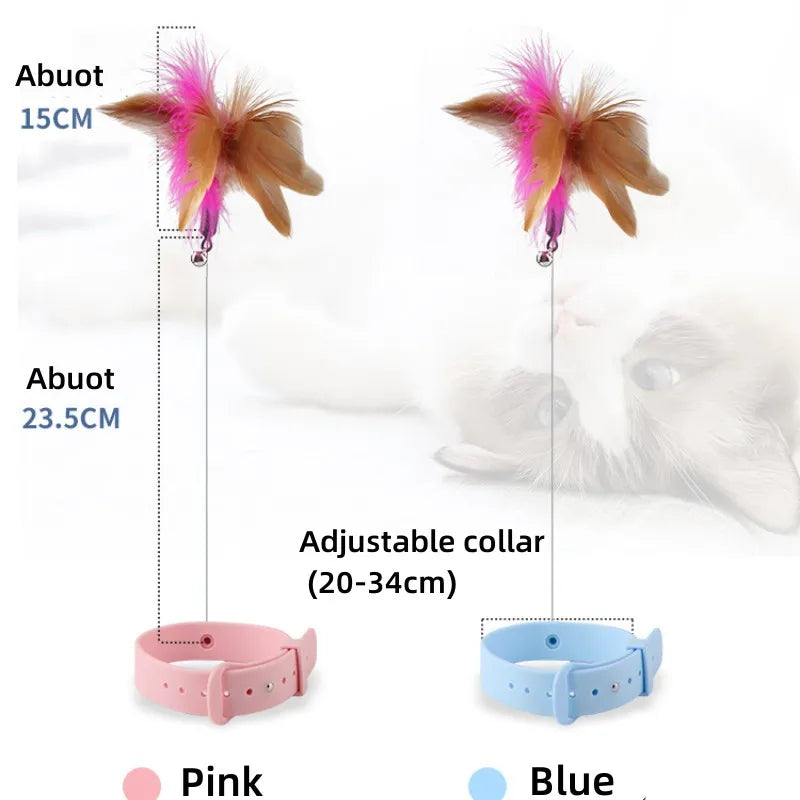 Adjustable cat feather collar teaser toy with size guide and flexible silicone collar