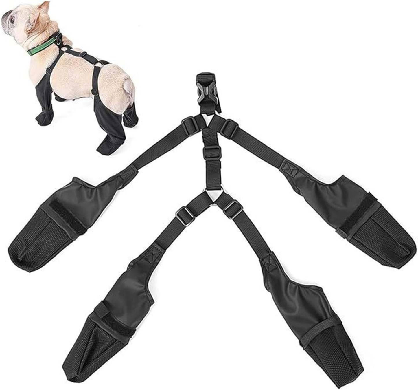 Full set of waterproof adjustable dog boots with harness-style strap system and anti-slip soles, shown flat and worn on a dog