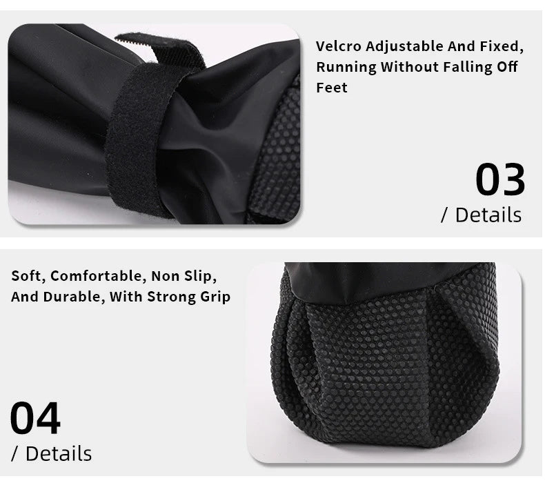 Close-up of adjustable dog boots showing velcro strap fixation and textured non-slip sole for secure grip