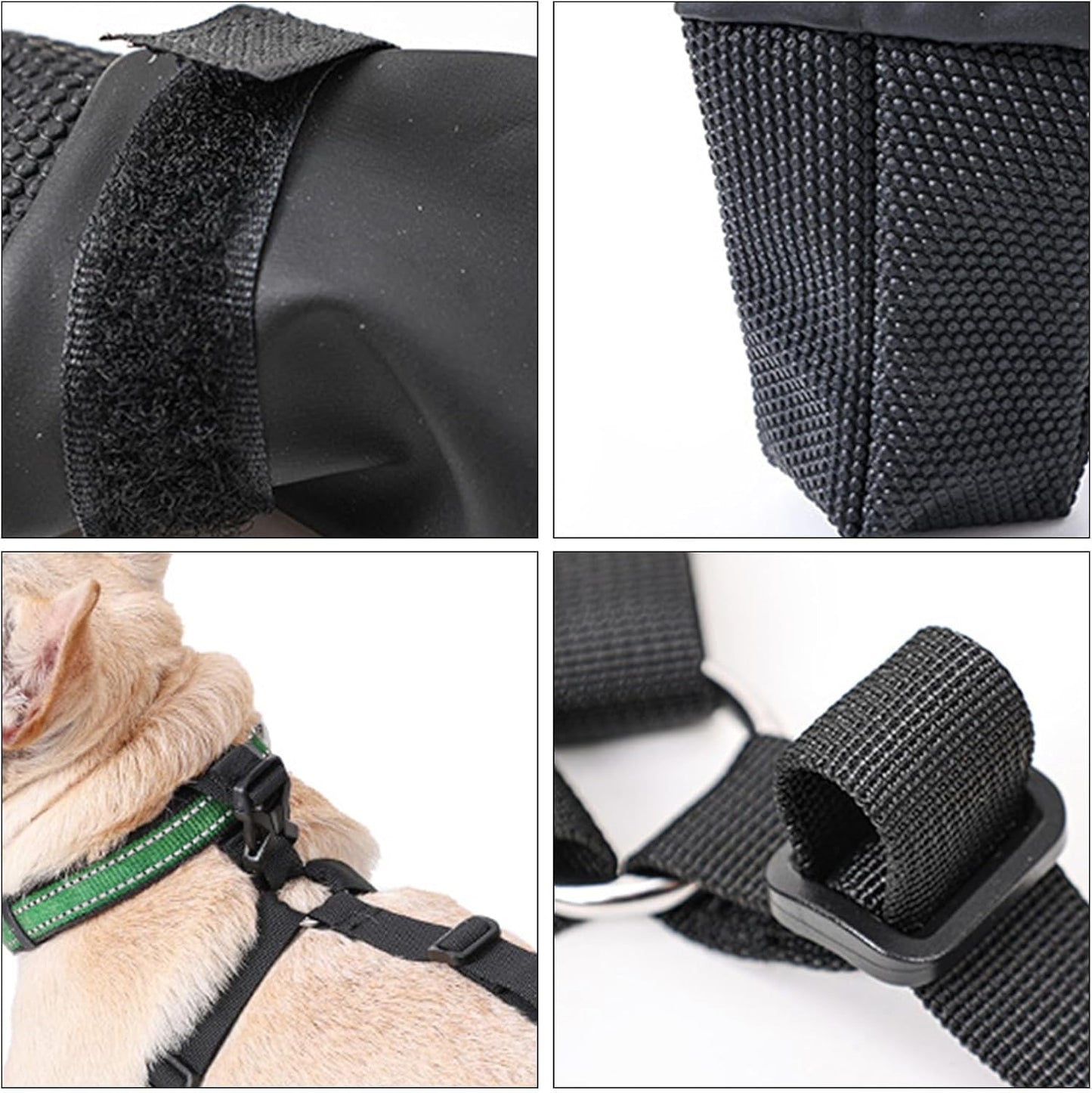 Close-up details of adjustable dog boots showing velcro fastening, textured anti-slip sole, and buckle strap system
