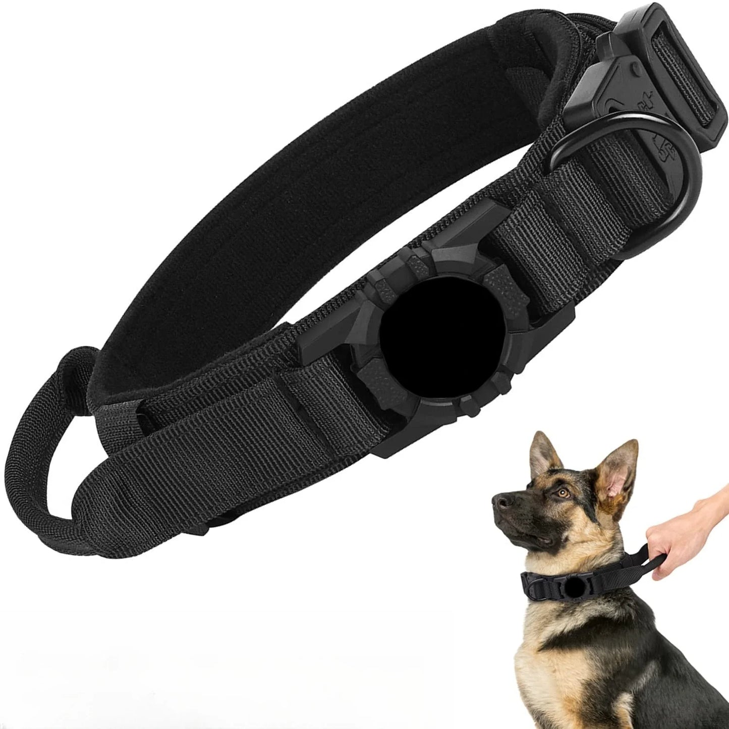 Tactical AirTag dog collar with padded interior and control handle