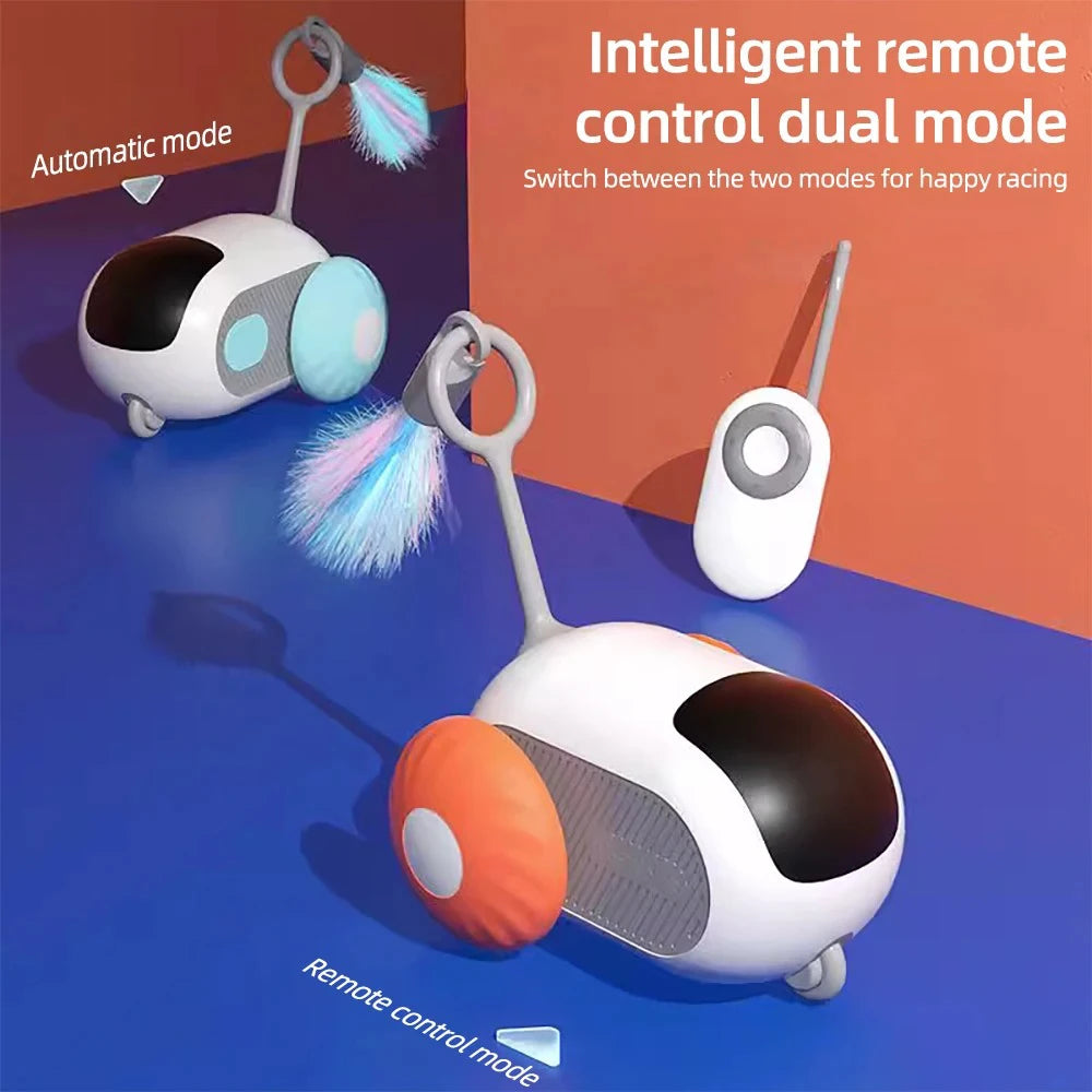 Smart cat toy car powered by a rechargeable battery for extended playtime.