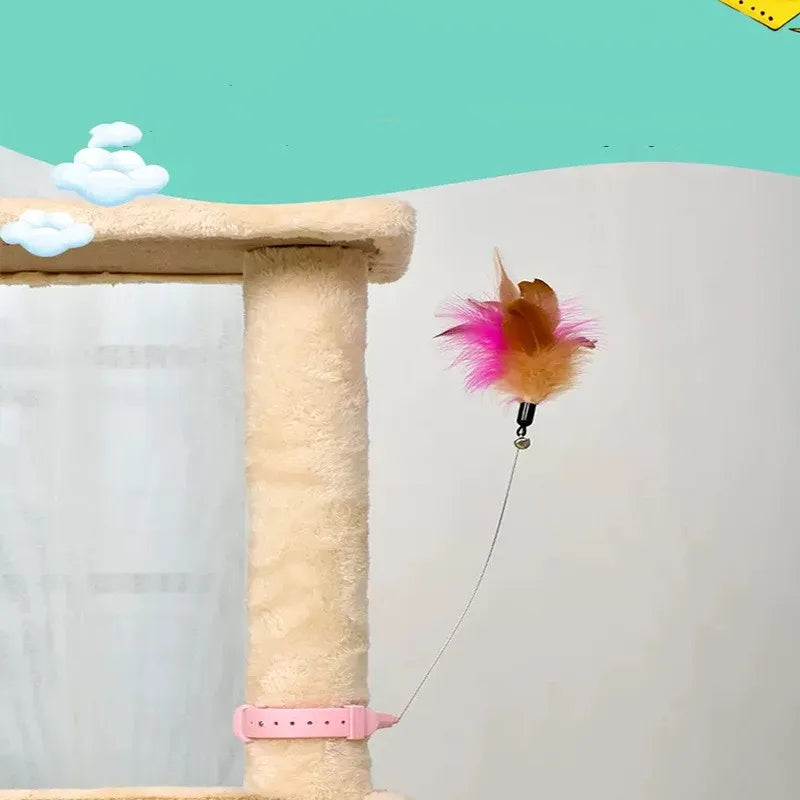 Feather teaser toy attached to cat collar near scratching post for interactive play