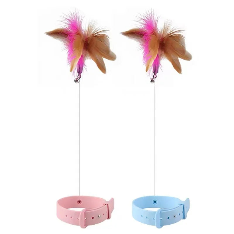 Cat interactive feather collar teaser toy available in pink and blue colors