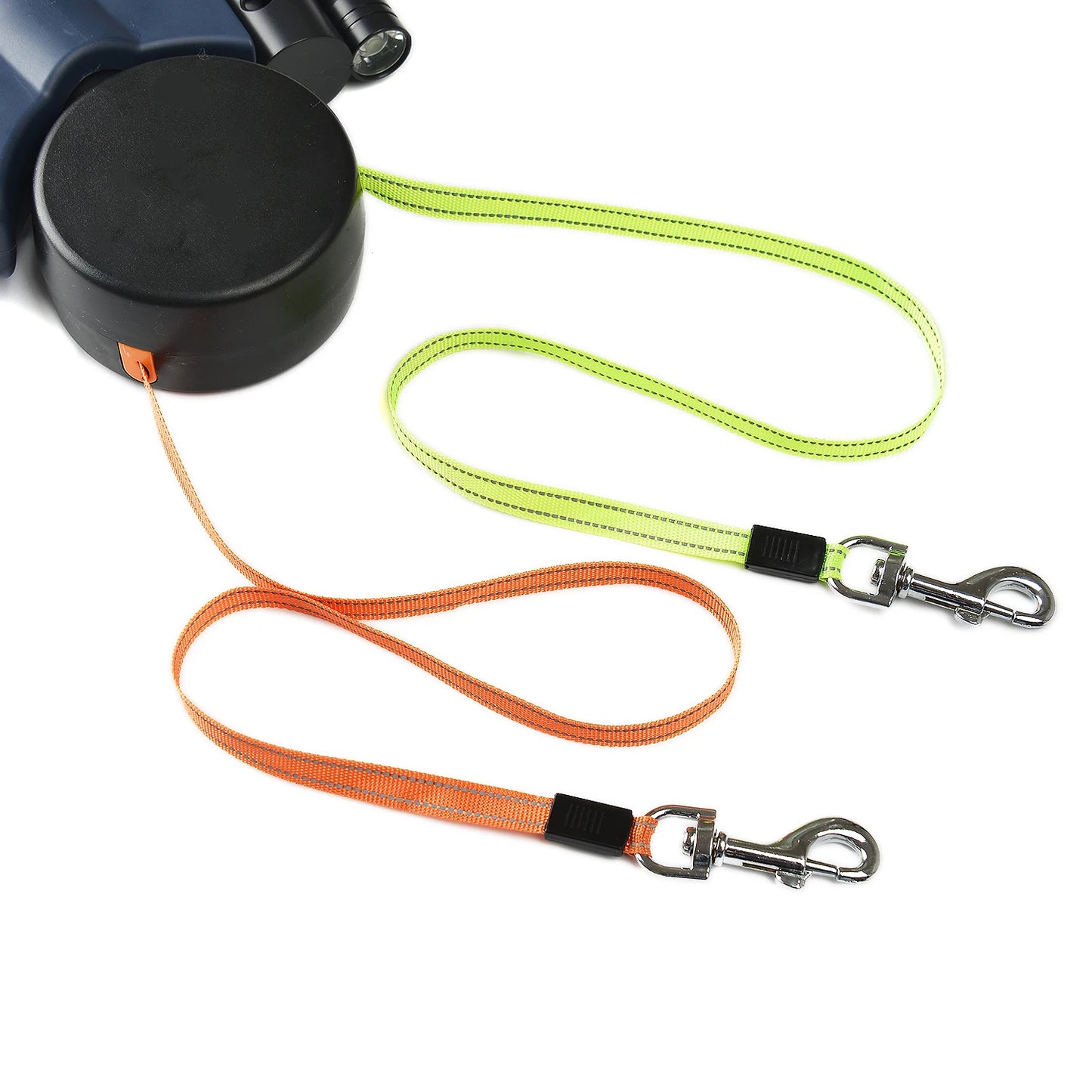 Dual dog leash with two reflective ropes and metal carabiners