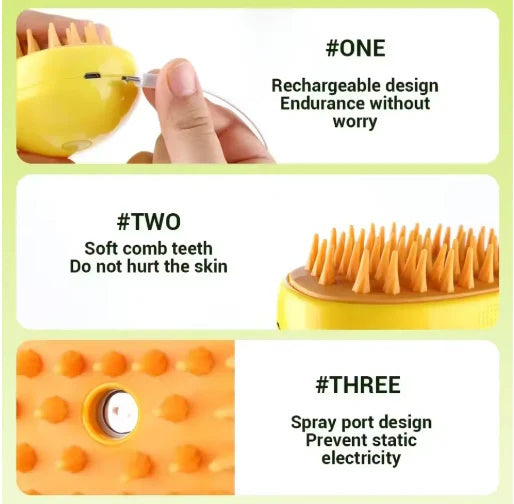 Electric cat steam brush details showing USB rechargeable design