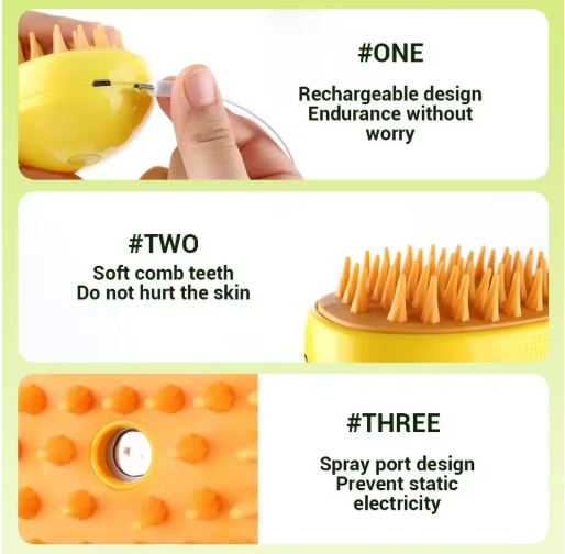 Electric cat steam brush details showing USB rechargeable design, soft silicone comb teeth safe for skin, and spray port to reduce static electricity.