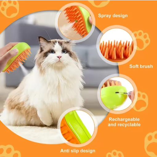 Electric cat steam brush with one-click spray function releasing fine mist to prevent flying hair during grooming and massage.
