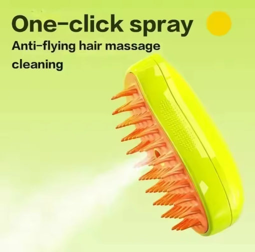 Electric cat steam brush with one-click spray function releasing fine mist to prevent flying hair during grooming and massage.