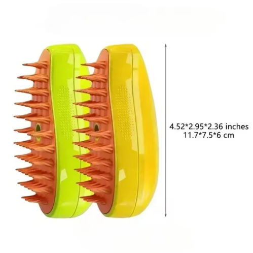 Electric cat steam brush in green and yellow colors showing product dimensions 4.52 × 2.95 × 2.36 inches (11.7 × 7.5 × 6 cm).
