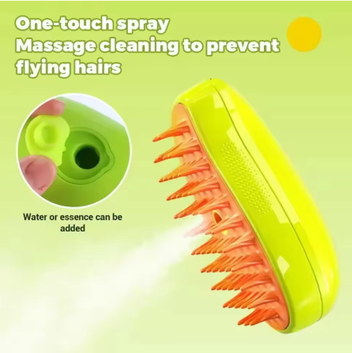 Electric cat steam brush with one-touch spray function releasing fine mist to reduce flying hair during grooming.