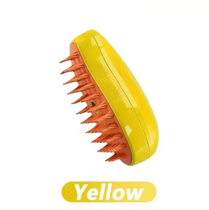 Yellow electric cat steam brush featuring flexible massage bristles for pet grooming and loose hair removal.