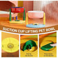 Stylish elevated pet feeding station in a modern living room setting