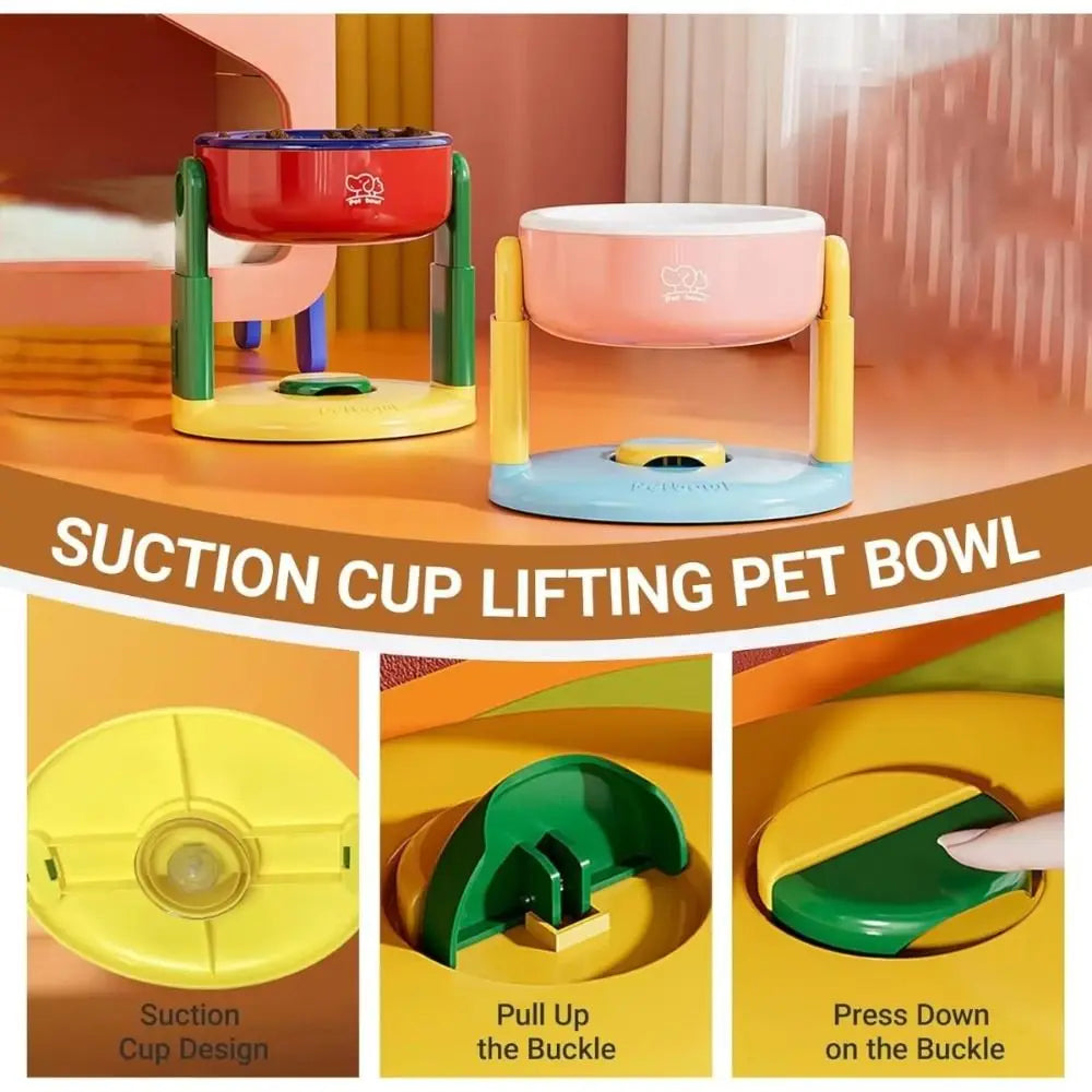 Stylish elevated pet feeding station in a modern living room setting