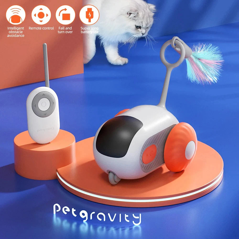 Cat toy car featuring a self-righting mechanism for uninterrupted play.