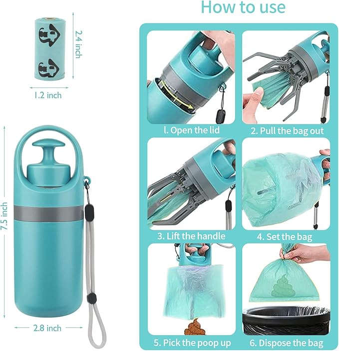 Built-in waste bag dispenser on a portable pet poop scooper
