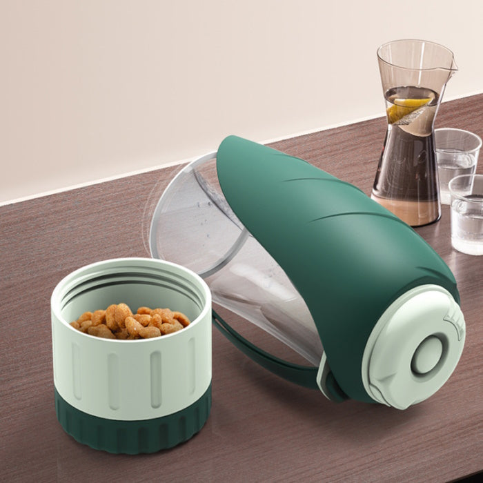 2-in-1 pet water bottle with food container showing dry food storage and water compartment