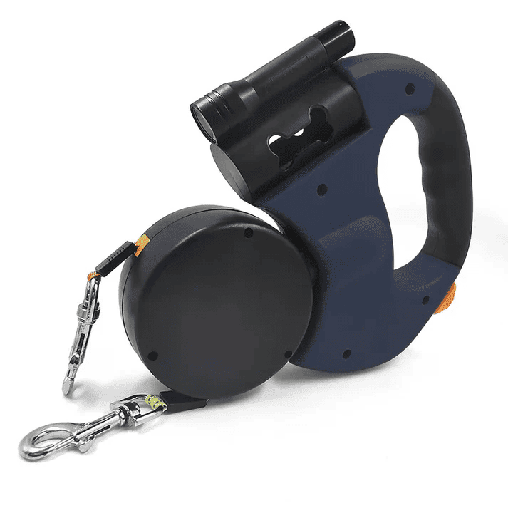 Reflective dual dog leash with built-in LED flashlight and ergonomic handle