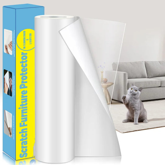 Clear self-adhesive cat scratch furniture protector tape applied to a fabric sofa to prevent scratching